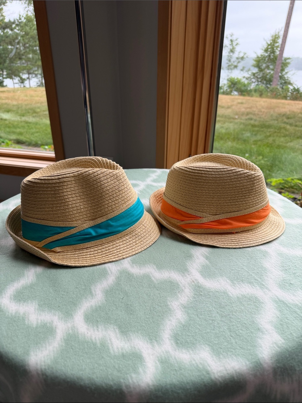 New 2 Mixit Straw Fedora Hats with Blue and Orange Bands - Kids one size